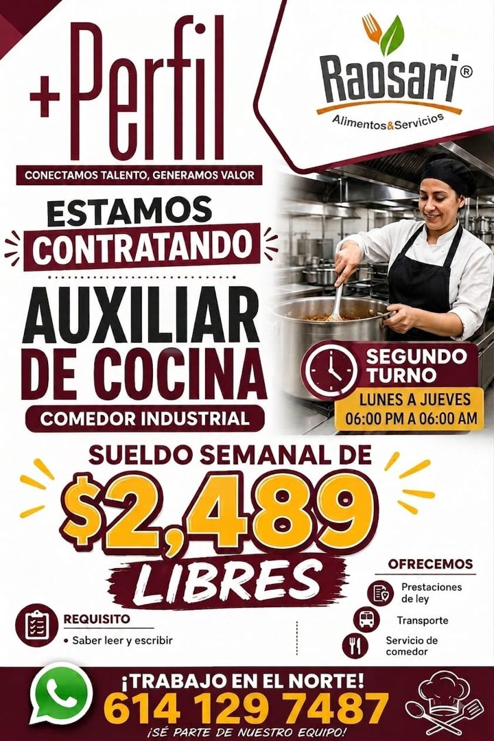 Banner del anuncio de la vacante: + Pertil · CONECTAMOS TALENTO, GENERAMOS VALOR · ESTAMOS · CONTRATANDO · Raosari® · Alimentos&Servicios · AUXILIAR · DE COCINA · COMEDOR IND