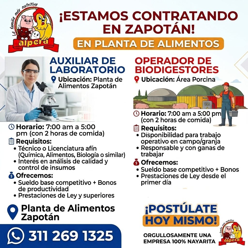 Banner del anuncio de la vacante: nutritiva · familia · alpera · ¡ESTAMOS CONTRATANDO · EN ZAPOTÁN! · EN PLANTA DE ALIMENTOS · AUXILIAR DE · OPERADOR DE · LABORATORIO · BIODI
