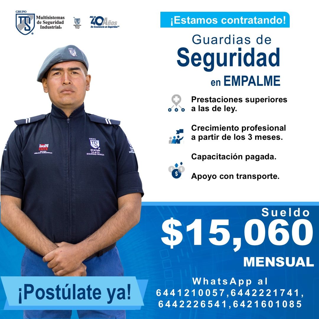 Banner del anuncio de la vacante: GRUPO · Multisistemas · de Seguridad · Industrial» · LOAños · De Excolencia en Segurldad • · SUERPO · ELITE · ASI del Caris · LA de CV · SEG