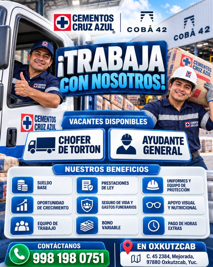 Banner del anuncio de la vacante: + · CEMENTOS · CRUZ AZUL® · COBÃ 42 · COBÁ 42 · CEMENTOS · CRUZ AZUL · ¡TRABAJA · CON NOSOTROS! · CEMENTOS · CRUZ AZUL · CEMENTOS · CRUZ AZU