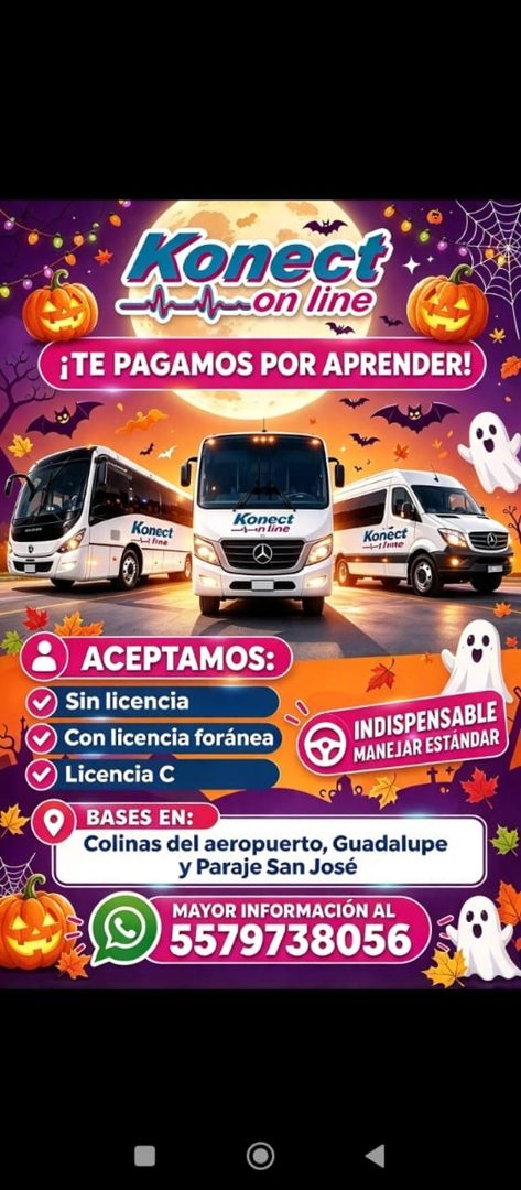 Banner del anuncio de la vacante: Konect · —Mon line · ¡TE PAGAMOS POR APRENDER! · Konect · Konect · Konect · ACEPTAMOS: · Sin licencia · Con licencia foránea · INDISPENSABLE