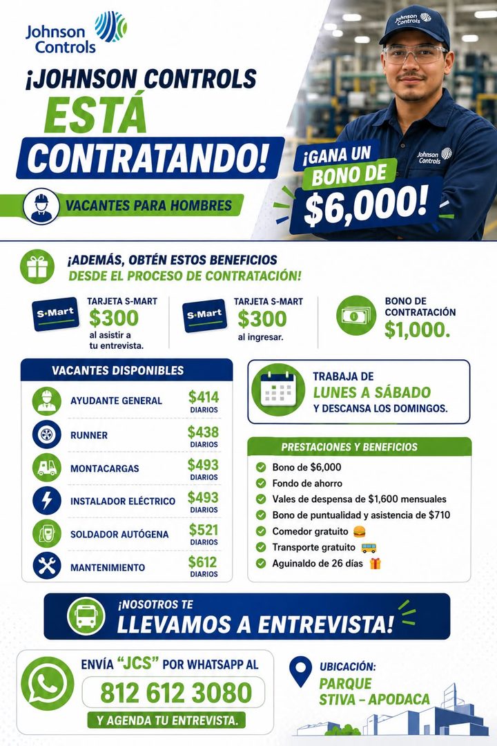 Banner del anuncio de la vacante: etnicos e · Johnson · Controls · ¡JOHNSON CONTROLS · ESTA · CONTRATANDO! · VACANTES PARA HOMBRES · ¡GANA UN · Johnson · Controls · BONO DE ·