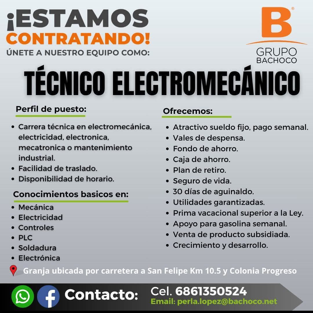 Banner del anuncio de la vacante: ¡ESTAMOS · CONTRATANDO! · ÚNETE A NUESTRO EQUIPO COMO: · B · GRUPO · BACHOCO · TÉCNICO ELECTROMECÁNICO · Perfil de puesto: · Ofrecemos: · • 