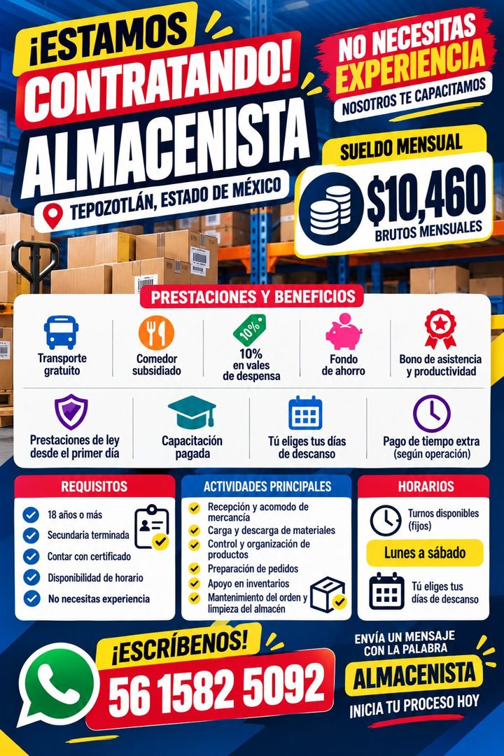 Banner del anuncio de la vacante: ¡ESTAMOS · CONTRATANDO! · ALMACENISTA · TEPOZOTLÁN, ESTADO DE MÉXICO · NO NECESITAS · EXPERIENCIA · NOSOTROS TE CAPACITAMOS · SUELDO MENSUAL