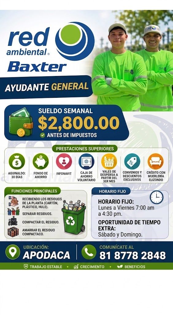 Banner del anuncio de la vacante: red · ambiental. · Baxter · red o · AYUDANTE GENERAL · SUELDO SEMANAL · $2,800.00 · • ANTES DE IMPUESTOS · PRESTACIONES SUPERIORES · AGUINAL