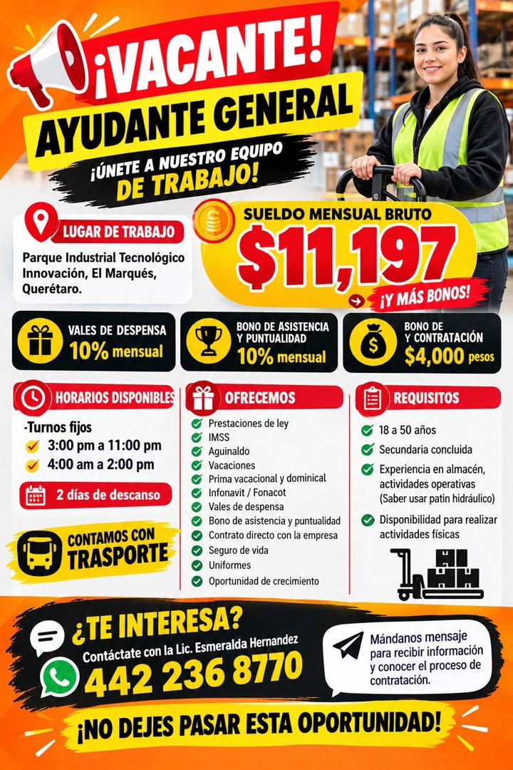 Banner del anuncio de la vacante: (ViVACANTE! · AYUDANTE GENERAL · ¡ÚNETE A NUESTRO EQUIPO · DE TRABAJO! · LUGAR DE TRABAJO · Parque Industrial Tecnológico · Innovación, El M