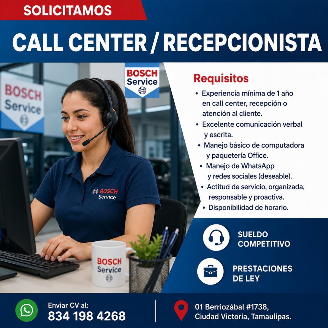 Banner del anuncio de la vacante: SOLICITAMOS · CALL CENTER/ RECEPCIONISTA · BOSCH · Service · BOSCH · Service · BOSCH · Service · Requisitos · • Experiencia mínima de 1 año 