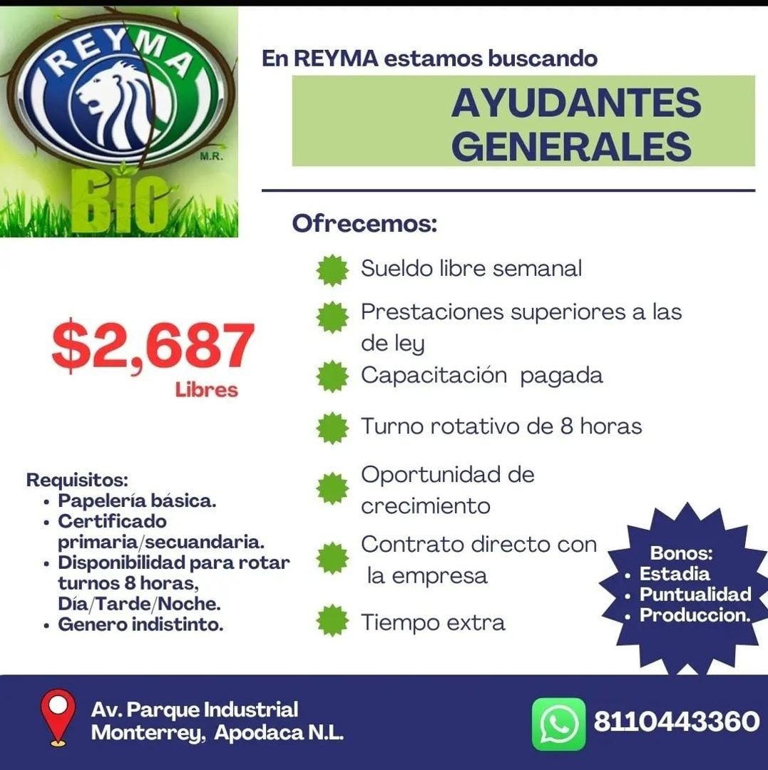 Banner del anuncio de la vacante: REY · M.R. · En REYMA estamos buscando · AYUDANTES · GENERALES · BIG · $2,687 · Libres · Requisitos: · • Papelería básica. · • Certificado ·