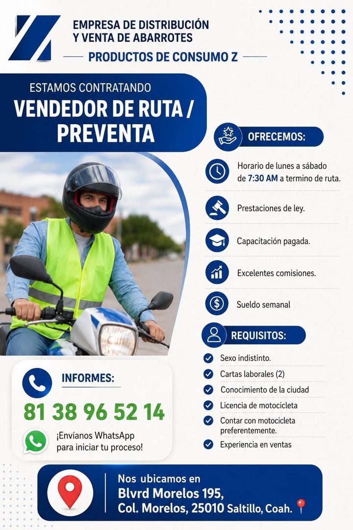 Banner del anuncio de la vacante: EMPRESA DE DISTRIBUCIÓN · Y VENTA DE ABARROTES · - PRODUCTOS DE CONSUMO Z - · ESTAMOS CONTRATANDO · VENDEDOR DE RUTA / · PREVENTA · OFRECEMO