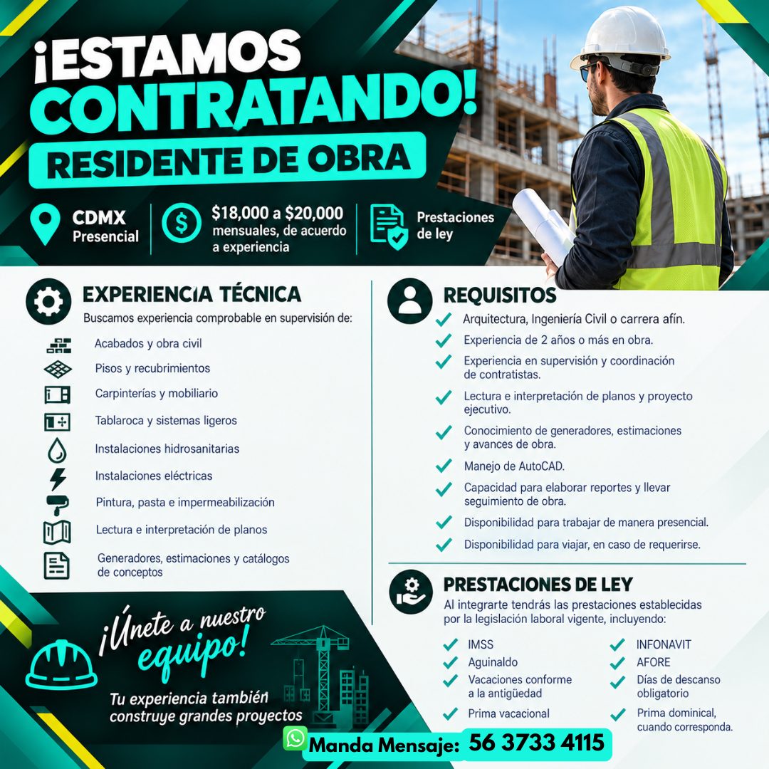 Banner del anuncio de la vacante: ¡ESTAMOS · CONTRATANDO! · RESIDENTE DE OBRA · CDMX · Presencial · S · $18,000 a $20,000 · mensuales, de acuerdo · a experiencia · Prestacion