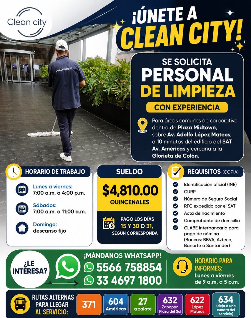 Banner del anuncio de la vacante: Clean city · www.deonchy.mk. · HORARIO DE TRABAJO · Lunes a viernes: · 7:00 a.m. a 4:00 p.m. · Sábados: · 7:00 a.m. a 11:00 a.m. · Domingo: 