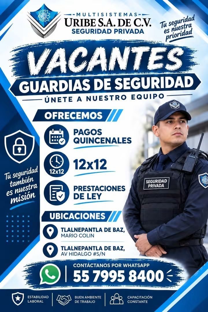 Banner del anuncio de la vacante: --MULTISISTEMAS - · URIBE S.A. DE C.V. · SEGURIDAD PRIVADA · Tu seguridad · es nuestra · prioridad · VACANTES · GUARDIAS DE SEGURIDAD · ÚNET