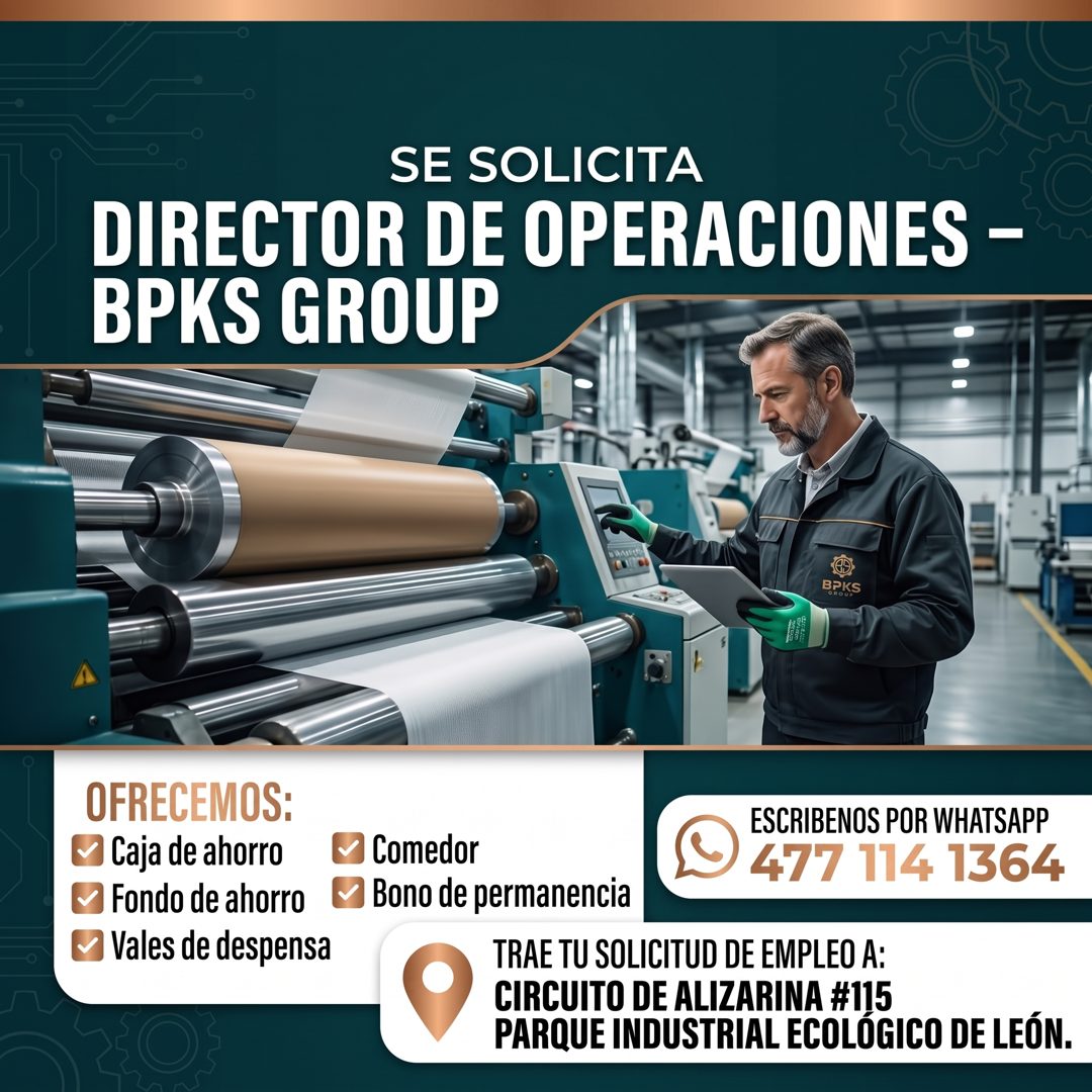 Banner del anuncio de la vacante: SE SOLICITA · DIRECTOR DE OPERACIONES - · BPKS GROUP · BPKS · OFRECEMOS: · Caja de ahorro · Fondo de ahorro · Vales de despensa · • Comedor 