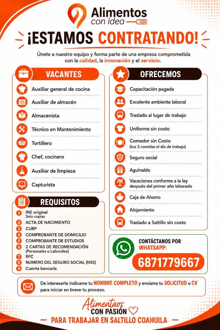 Banner del anuncio de la vacante: Alimentos · con idea - · - ¡ESTAMOS CONTRATANDO! = · Únete a nuestro equipo y forma parte de una empresa comprometida · con la calidad, la i