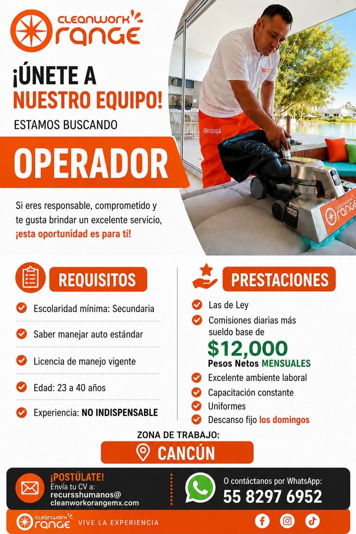 Banner del anuncio de la vacante: CLEanwOrK · rANGE · ¡ÚNETE A · NUESTRO EQUIPO! · ESTAMOS BUSCANDO · OPERADOR · Orange · Si eres responsable, comprometido y · te gusta brind