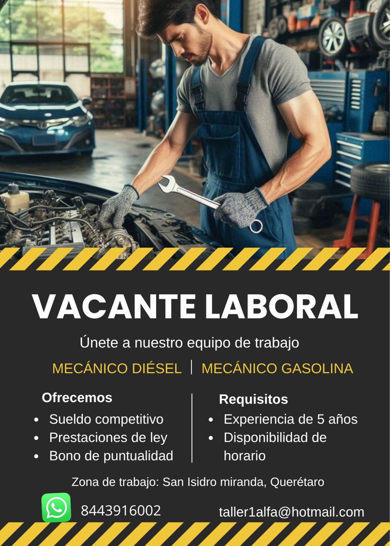 Banner del anuncio de la vacante: VACANTE LABORAL · Únete a nuestro equipo de trabajo · MECÁNICO DIÉSEL · MECÁNICO GASOLINA · Ofrecemos · • Sueldo competitivo · • Prestacione