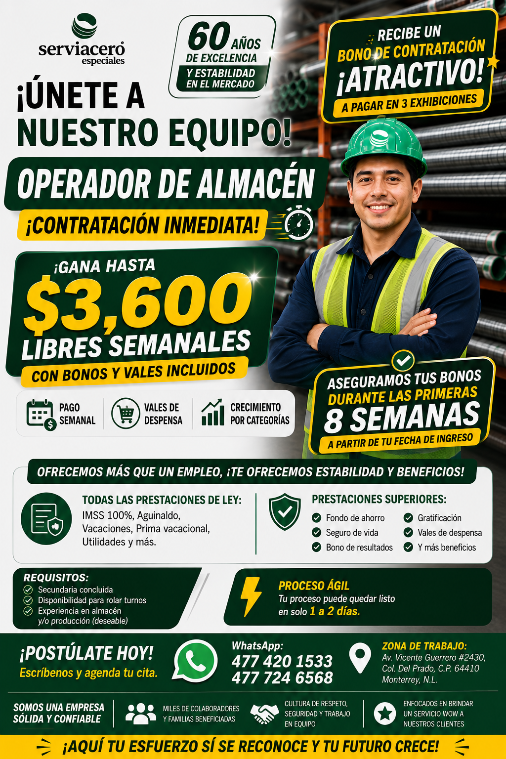 Banner del anuncio de la vacante: serviacero® · especiales · 60 AÑOS · DE EXCELENCIA · Y ESTABILIDAD · EN EL MERCADO · ¡ÚNETE A · NUESTRO EQUIPO! · OPERADOR DE ALMACÉN · ¡CON