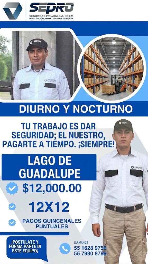 Banner del anuncio de la vacante: SEpRO · SEGURIDAD PRIVADA S.A. DE C.V. · PROTECCIÓN ARMADA ESPECIALIZADA · DIURNO Y NOCTURNO · TU TRABAJO ES DAR · SEGURIDAD; EL NUESTRO, · 