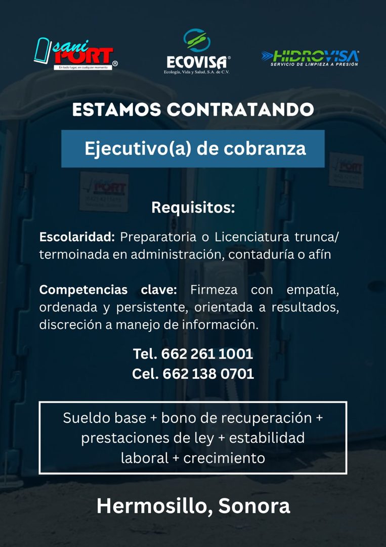 Banner del anuncio de la vacante: Драпіт. · En todo lugar, en cualquier moment · ECOVISA® · Ecología, Vida y Salud, S.A. de C.V. · ESTAMOS CONTRATANDO · Ejecutivo(a) de cobra