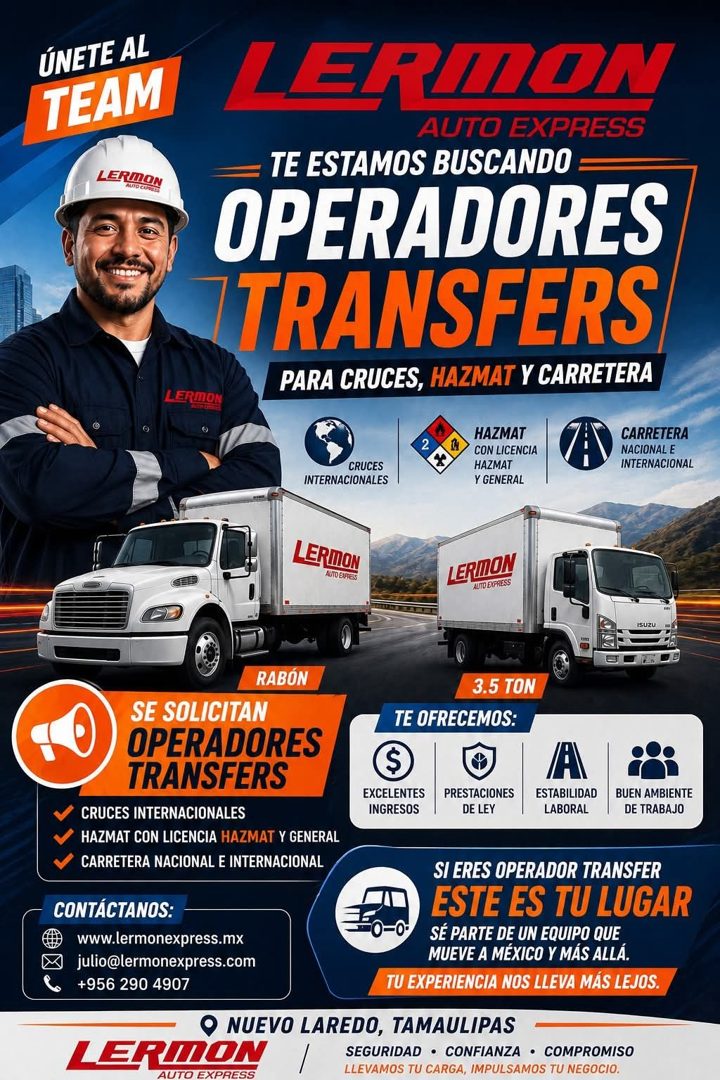 Banner del anuncio de la vacante: ÚNETE AL · TEAM · LERIMON · LERDON · AUTO EXPRESS · — TE ESTAMOS BUSCANDO · OPERADORES · TRANSFERS · PARA CRUCES, HAZMAT Y CARRETERA · LERMO