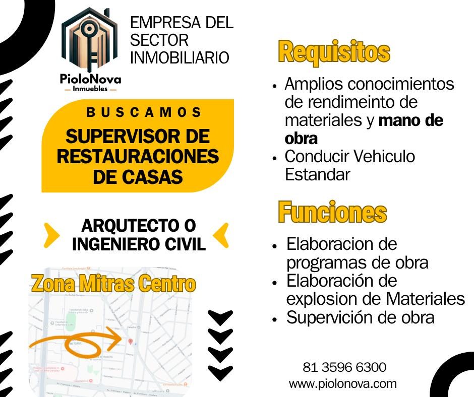 Banner del anuncio de la vacante: EMPRESA DEL · SECTOR · INMOBILIARIO · PioloNova · Inmuebles · BUSCAMOS · SUPERVISOR DE · RESTAURACIONES · DE CASAS · ARQUTECTO O · INGENIERO