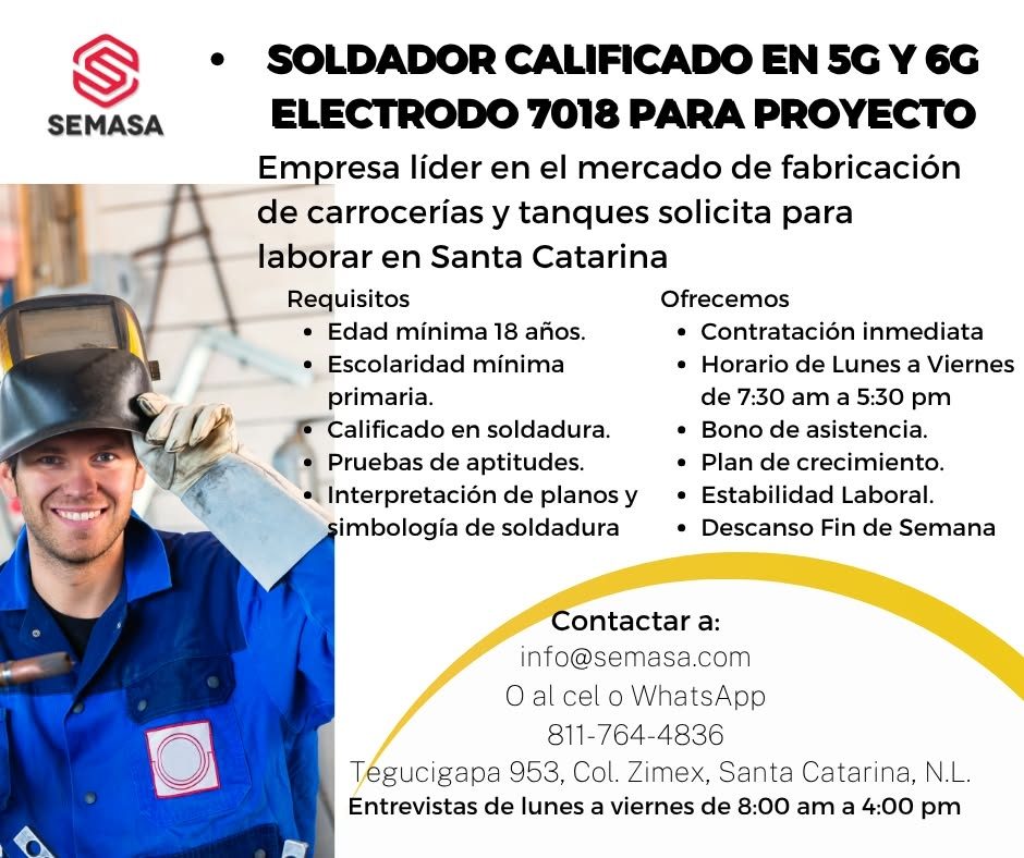 Banner del anuncio de la vacante: SEMASA · • SOLDADOR CALIFICADO EN 5G Y 6G · ELECTRODO 7018 PARA PROYECTO · Empresa líder en el mercado de fabricación · de carrocerías y tan