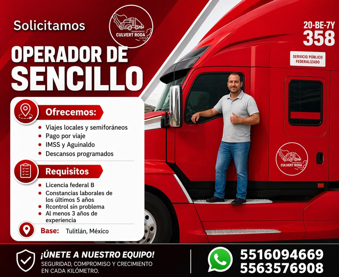 Banner del anuncio de la vacante: Solicitamos · Ors8 · TRANSPORTES · CULVERT RODA · ЗАКО! · OPERADOR DE · SENCILLO · Ofrecemos: · Viajes locales y semiforáneos · • · Pago por