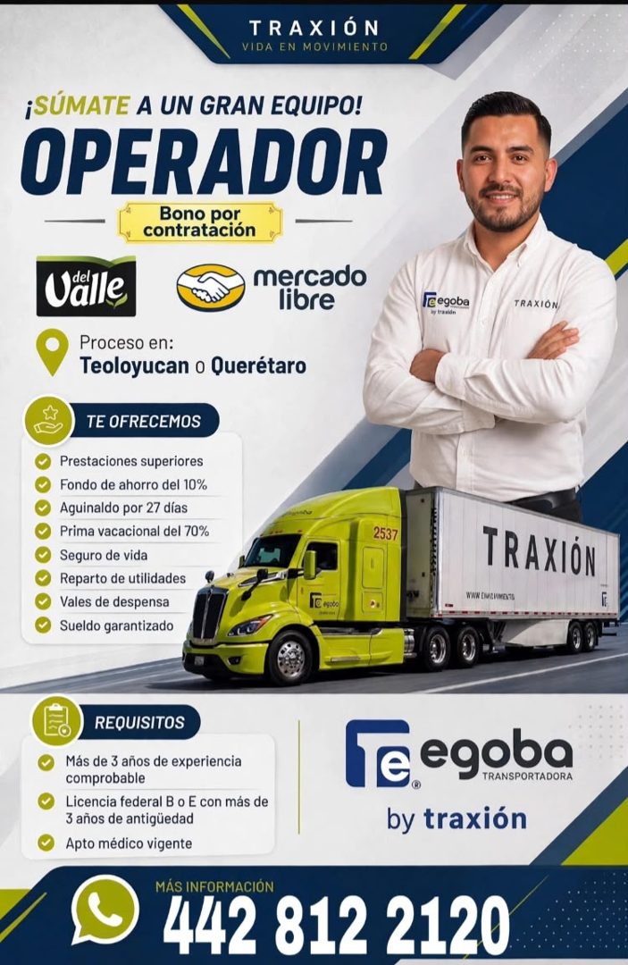 Banner del anuncio de la vacante: TRAXIÓN · VIDA EN MOVIMIENTO · ¡SÚMATE A UN GRAN EQUIPO! · OPERADOR · Bono por · contratación · Valle · Proceso en: · Teoloyucan o Querétaro