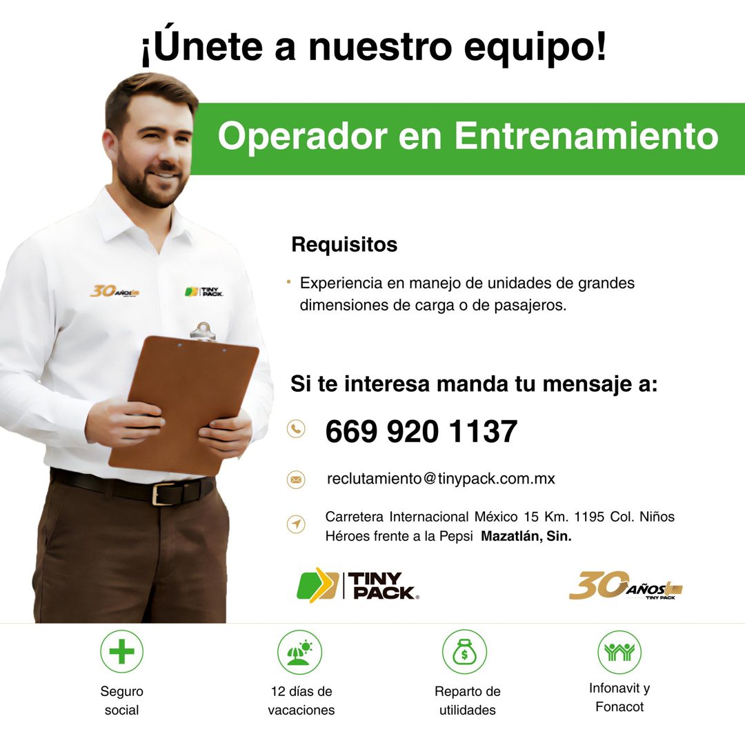 Banner del anuncio de la vacante: ¡Únete a nuestro equipo! · Operador en Entrenamiento · I BACK · Requisitos · • Experiencia en manejo de unidades de grandes · dimensiones de