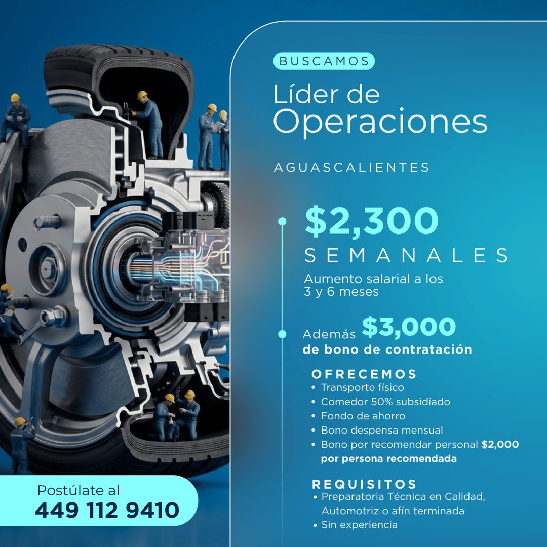 Banner del anuncio de la vacante: BUSCAMOS · Líder de · Operaciones · AGUASCALIENTES · Postúlate al · 449 112 9410 · $2,300 · SEMANALES · Aumento salarial a los · 3 y 6 meses