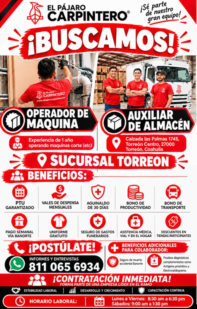 Banner del anuncio de la vacante: EL PÁJARO · CARPINTERO® · ¡Sé parte · de nuestro · gran equipo! · ¡BUSCAMOS! · EL NUNO · LE CARDINTERO · wEr · OPERADOR DE · AUXILIAR · MAQU