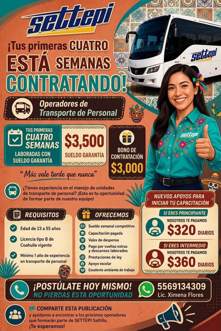 Banner del anuncio de la vacante: ¡Tus primeras CUATRO · ESTA SEMANAS · CONTRATANDO!- · Operadores de · Transporte de Personal · TUS PRIMERAS · CUATRO · SEMANAS · LABORADAS C