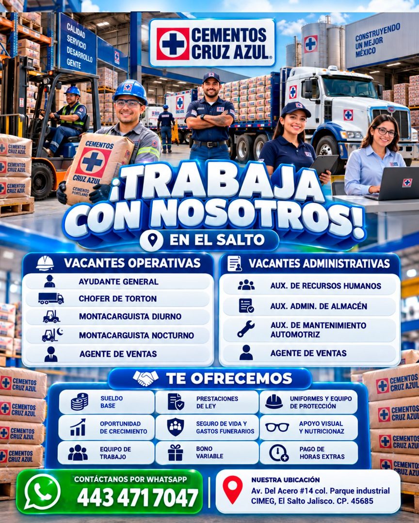 Banner del anuncio de la vacante: CEMENTOS · CRUZ AZUL · CEMENTOS · CRUZ AZUL · CEMENTOS · CRUZ AZUL · CEMENTOS · CRUZ AZUL · CEMENTOS · CRUZ AZUL · + · CEMENTOS · CRUZ AZUL 
