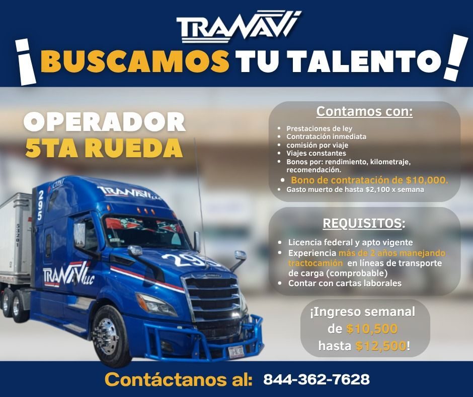 Banner del anuncio de la vacante: TRANAVI · ¡BUSCAMOS TU TALENTO! · OPERADOR · STA RUEDA · Contamos con: · • Prestaciones de ley · • Contratación inmediata · comisión por via