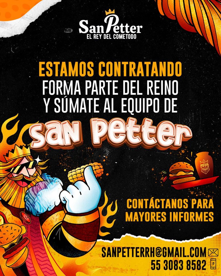 Banner del anuncio de la vacante: SanPetter · EL REY DEL COMETODO · ESTAMOS CONTRATANDO · FORMA PARTE DEL REINO · Y SUMATE AL EQUIPO DE · ISaN Petter · CONTÁCTANOS PARA · MAY