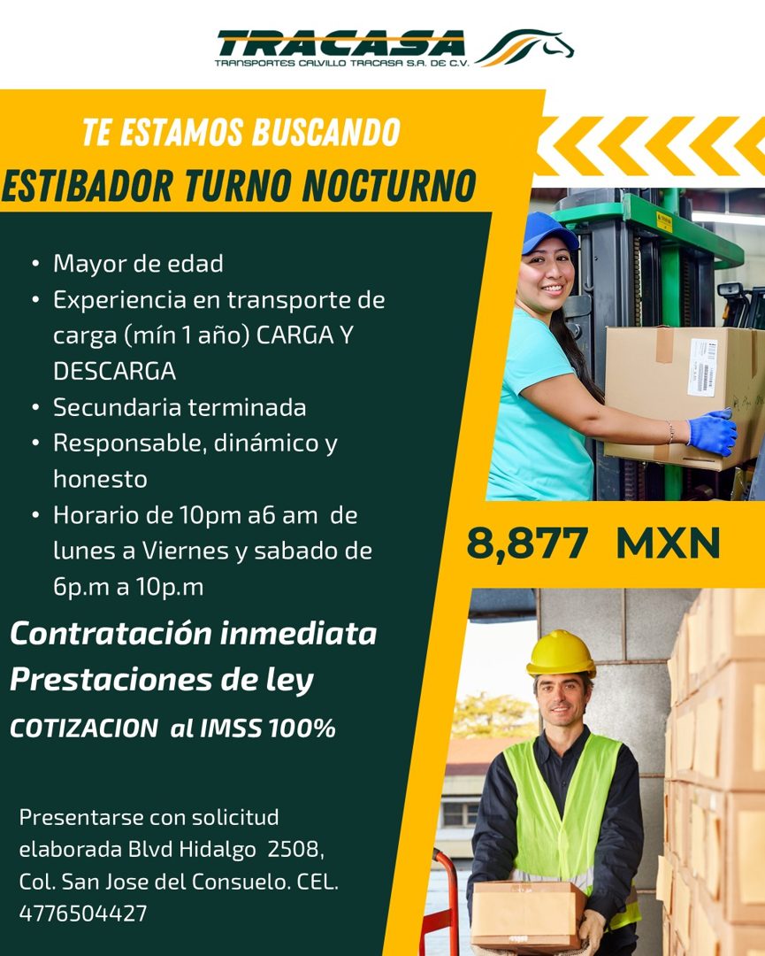 Banner del anuncio de la vacante: TRANSPORTES CALVILLO TRACASA S.A. DE C.V. · TE ESTAMOS BUSCANDO · ESTIBADOR TURNO NOCTURNO · • Mayor de edad · • Experiencia en transporte d