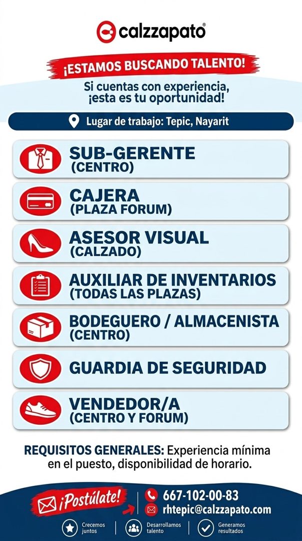 Banner del anuncio de la vacante: calzzapato · ¡ESTAMOS BUSCANDO TALENTO! · Si cuentas con experiencia, · 'esta es tu oportunidad! · Lugar de trabajo: Tepic, Nayarit · SUB-GE