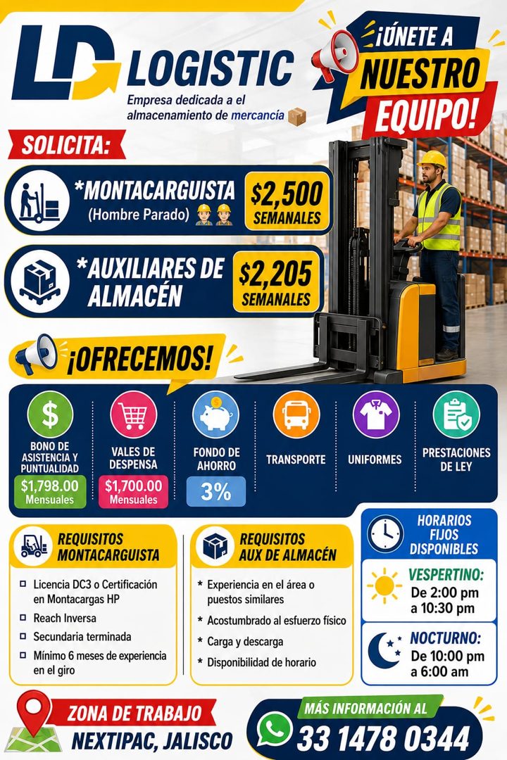 Banner del anuncio de la vacante: LO LOGISTIC · Empresa dedicada a el · almacenamiento de mercancía · ZiÚNETE A · NUESTRO · EQUIPO! · SOLICITA: · *MONTACARGUISTA · (Hombre Pa
