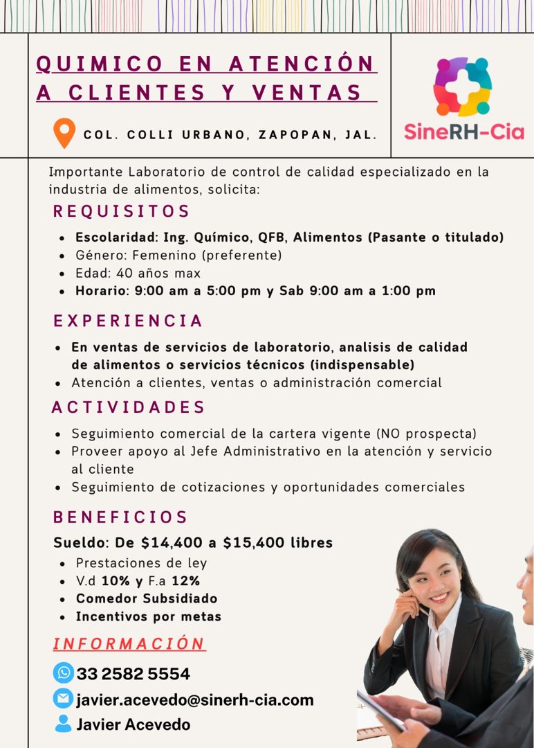 Banner del anuncio de la vacante: QUIMICO EN ATENCIÓN · A CLIENTES Y VENTAS · COL. COLLI URBANO, ZAPOPAN, JAL. · SineRH-Cia · Importante Laboratorio de control de calidad esp