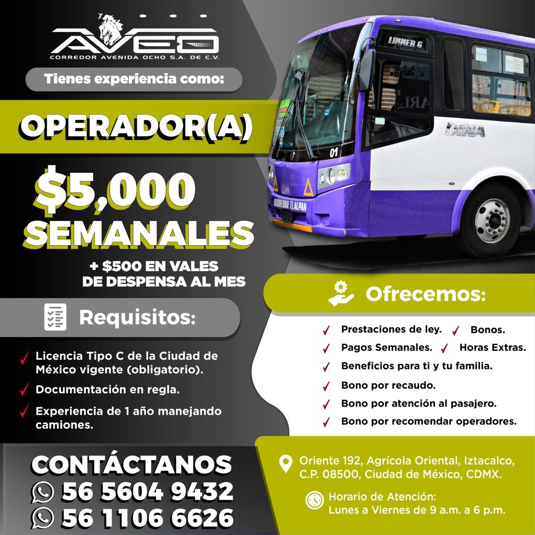 Banner del anuncio de la vacante: CORREDOR AVENIDA OCHO S.A. DE C.V. · Tienes experiencia como: · OPERADOR(A) · $5,000 · SEMANALES · + $500 EN VALES · DE DESPENSA AL MES · Re