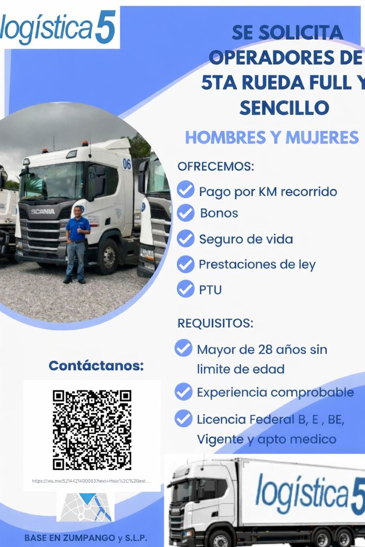 Banner del anuncio de la vacante: logística 5 · 06 · SCANIA · Contáctanos: · https://wa.me/5214421400083?text-Hola%2C%20est… · BASE EN ZUMPANGO y S.L.P. · SE SOLICITA · OPERA