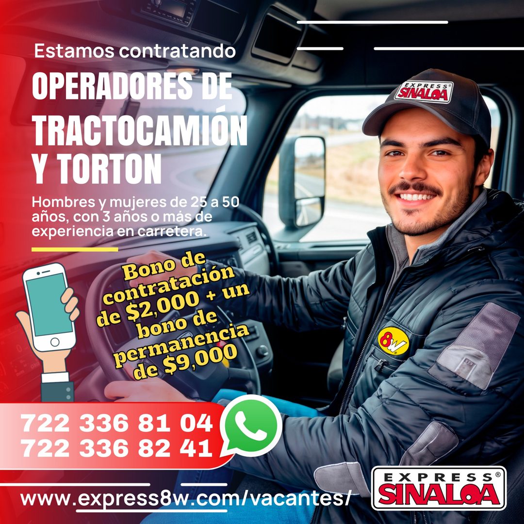 Banner del anuncio de la vacante: Estamos contratando · OPERADORES DE · TRACTOCAMIÓN · Y TORTON · Hombres y mujeres de 25 a 50 · años, con 3 años o más de · experiencia en ca