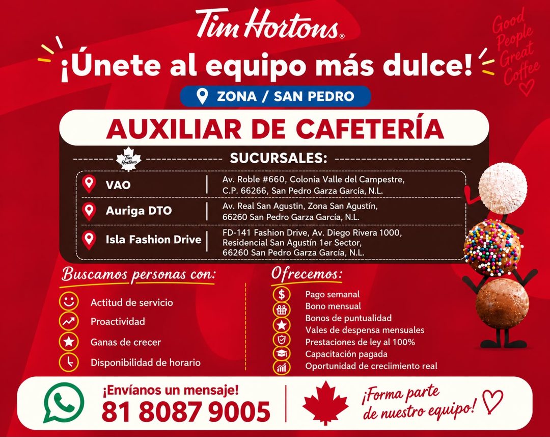 Banner del anuncio de la vacante: Tim Hortons. · ¡Únete al equipo más dulce! · ZONA / SAN PEDRO · AUXILIAR DE CAFETERÍA · Hortons · SUCURSALES: · VAO · Auriga DTO · Isla Fash