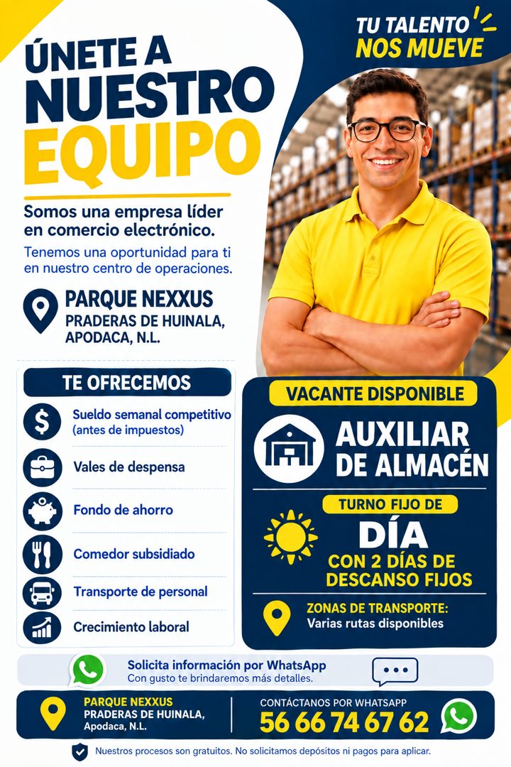 Banner del anuncio de la vacante: ÚNETE A · NUESTRO · EQUIPO · Somos una empresa líder · en comercio electrónico. · Tenemos una oportunidad para ti · en nuestro centro de ope
