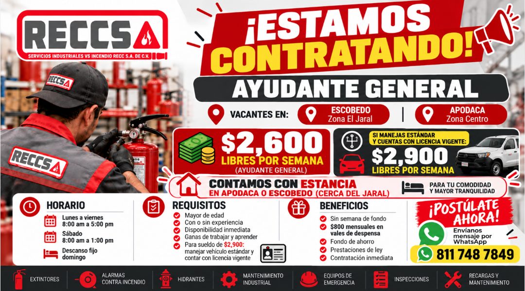 Banner del anuncio de la vacante: RECCSA · SERVICIOS INDUSTRIALES VS INCENDIO RECC S.A. DE C.V. · HELCS, · RECCSA · HORARIO · Lunes a viernes · 8:00 am a 5:00 pm · Sábado · 8