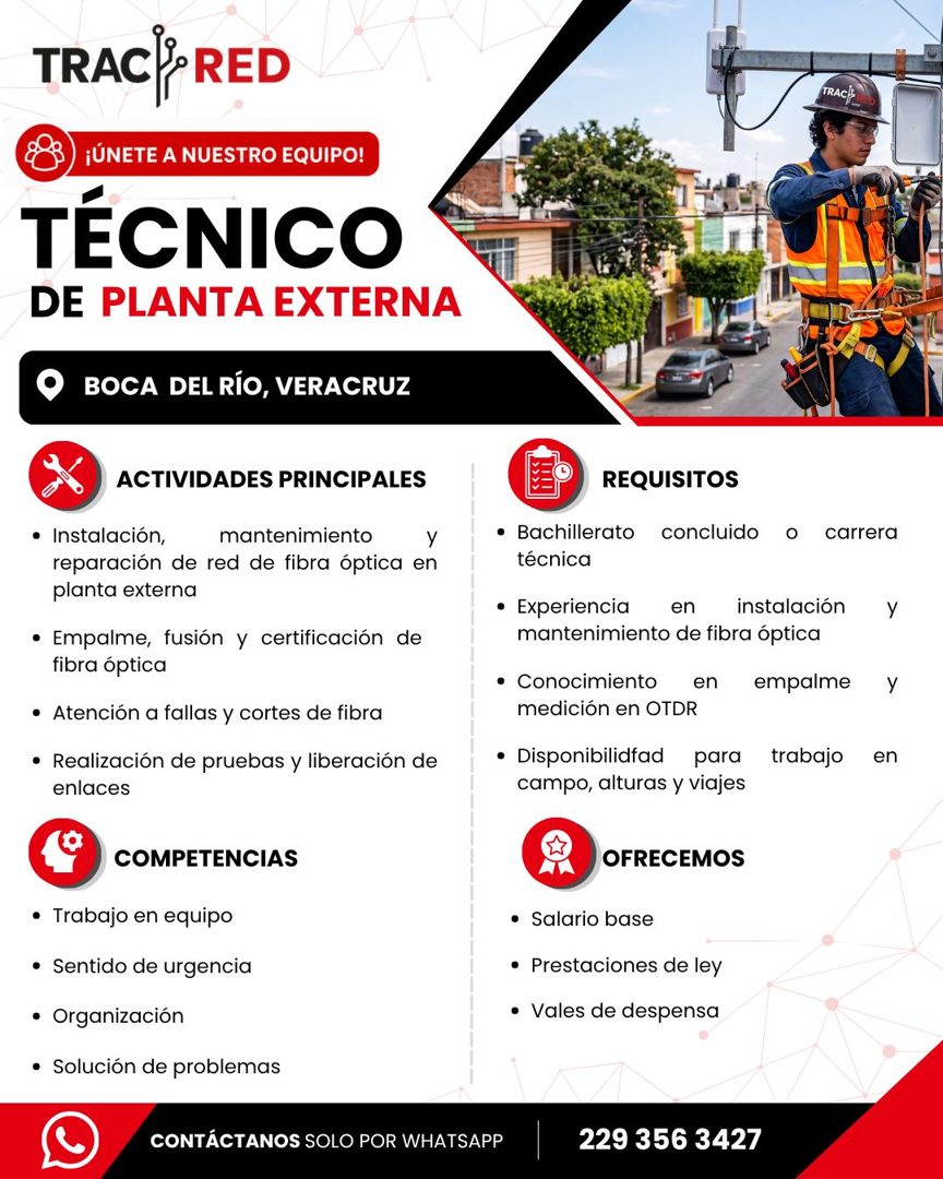 Banner del anuncio de la vacante: TRACK•RED · ¡ÚNETE A NUESTRO EQUIPO! · TÉCNICO · DE PLANTA EXTERNA · TRACK · BOCA DEL RÍO, VERACRUZ · ACTIVIDADES PRINCIPALES · • Instalació