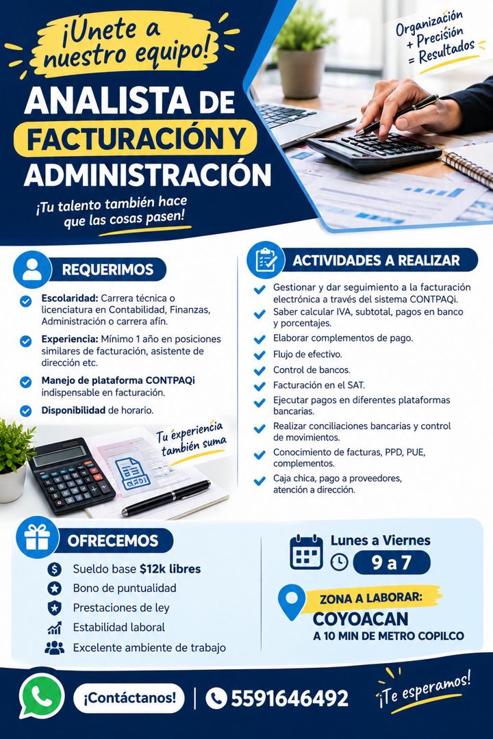 Banner del anuncio de la vacante: ¡Unete a · nuestro equipo! · ANALISTA DE · FACTURACIÓN Y · ADMINISTRACIÓN · ¡Tu talento también hace · que las cosas pasen! · Organización ·