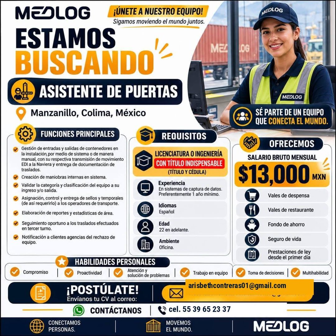 Banner del anuncio de la vacante: MEOLOG · ¡ÚNETE A NUESTRO EQUIPO! · Sigamos moviendo el mundo juntos. · ESTAMOS · BUSCANDO · ME. · ASISTENTE DE PUERTAS · Manzanillo, Colima