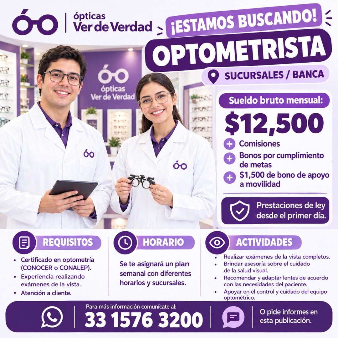 Banner del anuncio de la vacante: ópticas · OO I tirde Verdad · Ver de Verdad ≥ ¡ESTAMOS BUSCANDO. · OPTOMETRISTA · • SUCURSALES / BANCA · ópticas · Ver de Verdad · Sueldo br