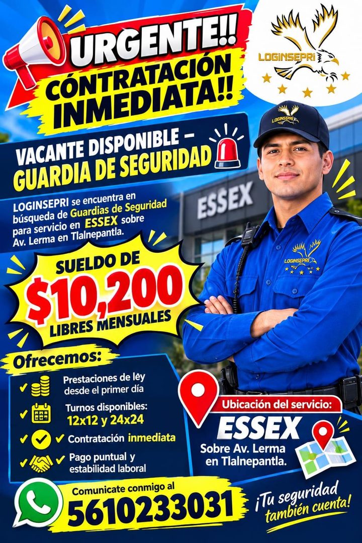 Banner del anuncio de la vacante: URGENTE!!, · CÓNTRATACIÓN · INMEDIATA!! · VACANTE DISPONIBLE - · GUARDIA DE SEGURIDAD · LOGINSEPRI se encuentra en · búsqueda de Guardias de